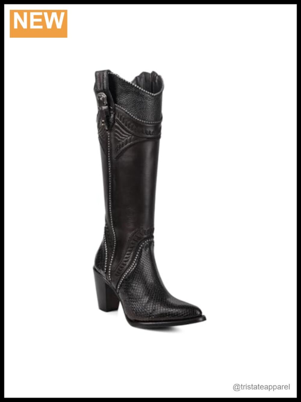 Women's Knee High Western Boots, Genuine Python and Leather, Stone Chain